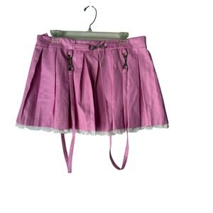 LittleForBig Pink Faux Leather Pleated Skirt Lace Straps L Gothic Grunge Scene